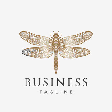 Detailed vintage dragonfly insect logo gold texture