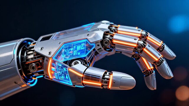 Futuristic robotic hand with glowing circuits