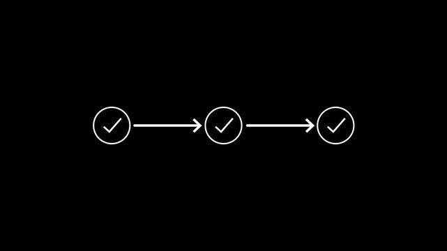 Abstract a beautiful new 3 step process with check mark icon animation.Step-by-step process icon with check mark animation on black background.