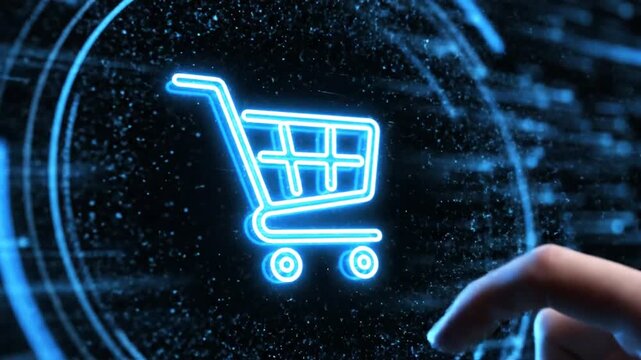 Hand touching neon blue glowing shopping cart icon on dark digital background.