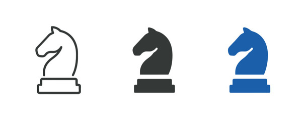 Professional chess knight icon set in three distinct styles for strategic business projects. © Rayhan