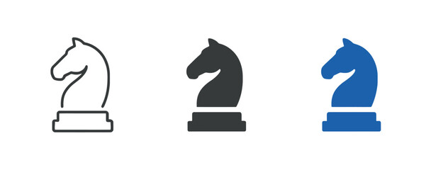 Set of three chess knight icons featuring outline, solid, and blue colored vector designs © Rayhan
