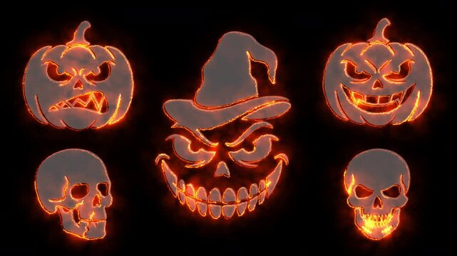 Glowing halloween jack o lantern and human skull heads animation for seasonal background use.