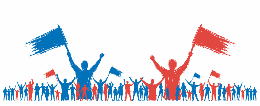 Crowd of people cheering with flags in red and blue colors in a grunge sketch illustration style