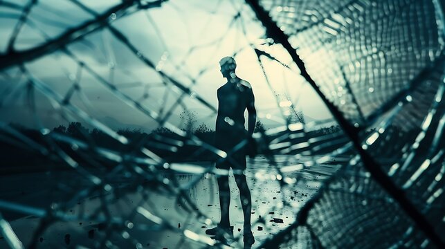 A solitary figure stands amidst shattered glass, creating a surreal and unsettling atmosphere with a focus on fragility and isolation.