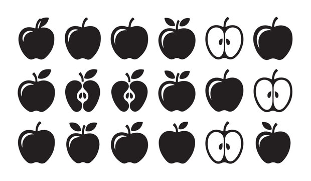 Fresh apple fruit silhouettes set including whole pieces and sliced halves in flat vector style.