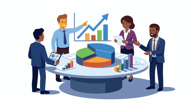 Diverse team discusses business charts around a conference table
