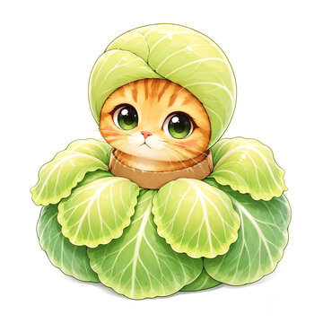 かわいい白菜の着ぐるみを着た茶トラ猫のイラスト