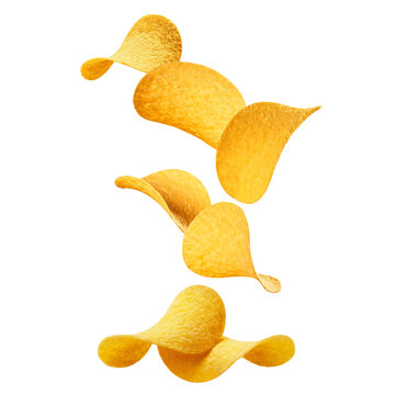 Flying potato chips in dynamic motion, isolated on transparent cutout background