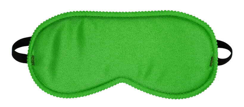 Green fabric sleep mask with elastic strap, isolated on transparent cutout background