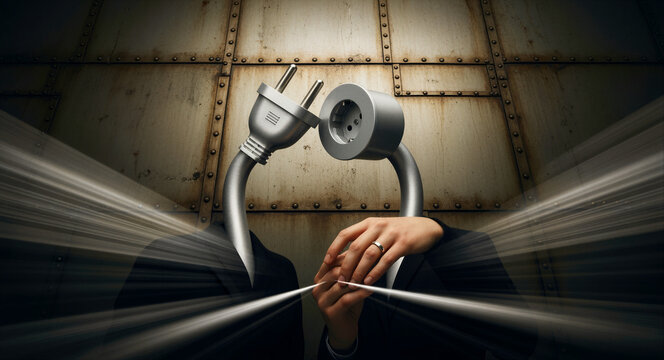 Business figures with plug and socket heads connecting. Surreal characters in suits against industrial metal. Synergy and technical integration concept for corporate collaboration marketing.