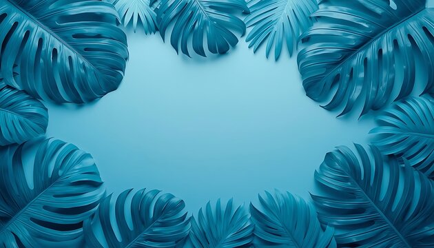 Tropical monstera leaves border frame on a blue background
