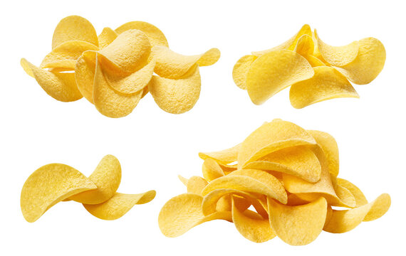 Set of golden potato chips piles, isolated on transparent cutout background