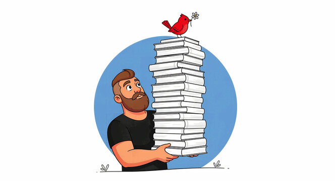 Bearded man holding a tall stack of books with a red bird perched on top. Illustration of an avid reader looking up at nature. Education and literacy concept for library or learning campaigns.