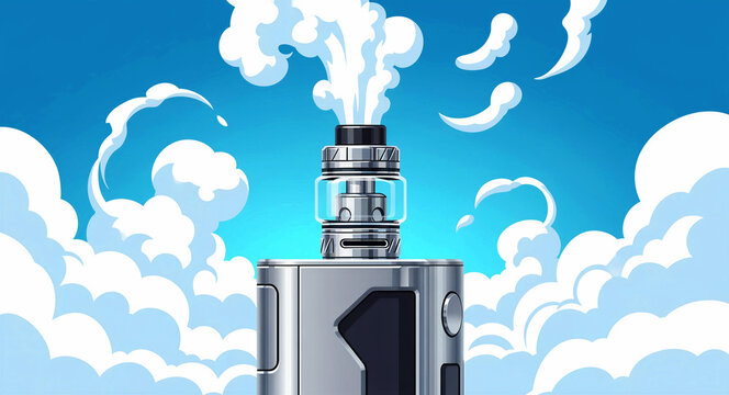 Electronic cigarette vape mod emitting thick white clouds against a blue sky. Stylized digital illustration of an atomizer and box mod. Vaping lifestyle concept for marketing and health campaigns.