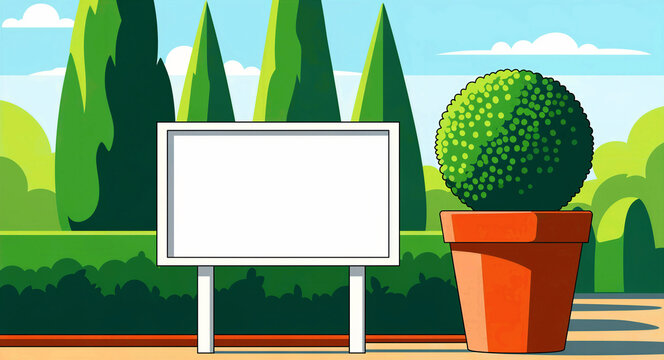 Blank billboard in a sunny garden next to a potted plant. Vibrant vector illustration of park greenery. Mockup concept for outdoor advertising templates or event signage displays.
