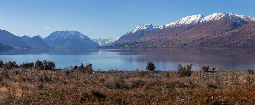 Tranquil Lake Ohau and Southern Alps winter panorama