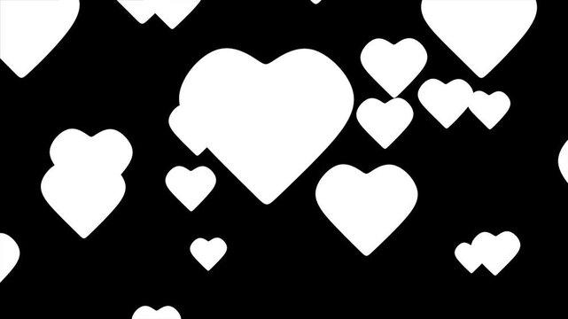 Abstract floating white hearts background matte luma key alpha channel falling flat heart shapes on black backdrop