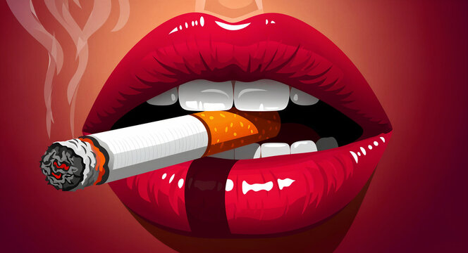 Vector illustration of red glossy lips biting a burning cigarette. Close up of mouth with white teeth and smoke rising from a cigarette filter. Smoking addiction concept for health awareness.