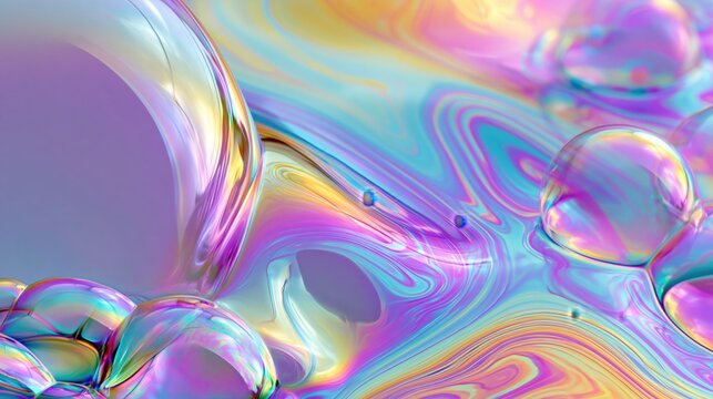 Smooth iridescent soap-bubble gradients swirling in pastel holographic tones forming a dreamy abstract background with copy space