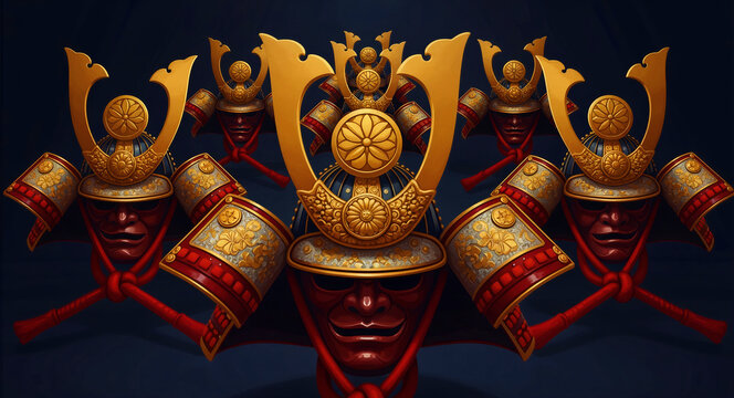 Ornate Japanese samurai helmets with face masks. Golden details on red and blue ancient warrior armor. Bushido and historical honor concept for cultural marketing.