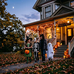 Naklejka premium Family in Halloween costumes standing in front of decorated house at dusk with pumpkins transparent background