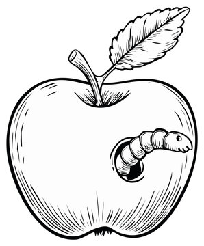 Black and white illustration of an apple with a worm peeking out of its core