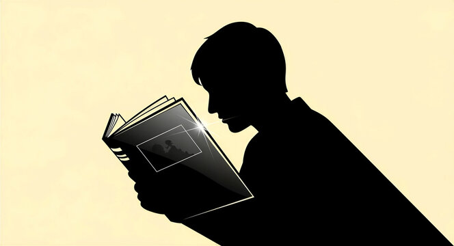 Silhouette of a person reading an open book. Minimalist illustration of a figure engrossed in literature on a neutral background. Education and literacy concept for library or academic use.