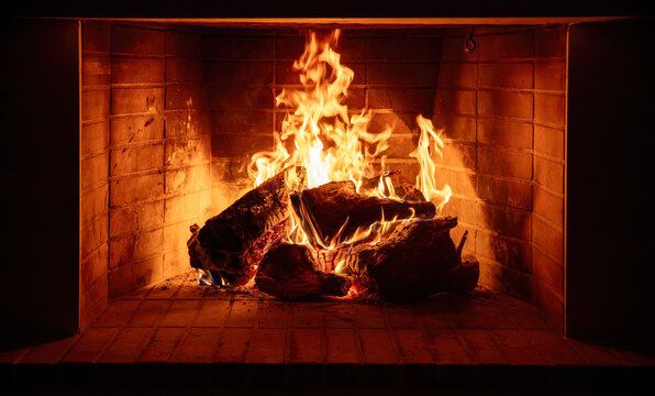 Fireplace burning wood logs. Cozy warm home in winter, Christmas holiday bonfire. Fire flames