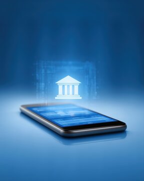 Virtual smartphone bank interface showing secure transactions and digital financial services