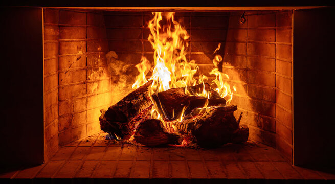 Fireplace burning wood logs. Cozy warm home in winter, Christmas holiday bonfire. Fire flames
