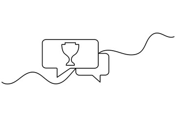 Obraz premium Speech bubbles with trophy continuous one line art featuring overlapping chat bubbles and a winner trophy. Vector illustration