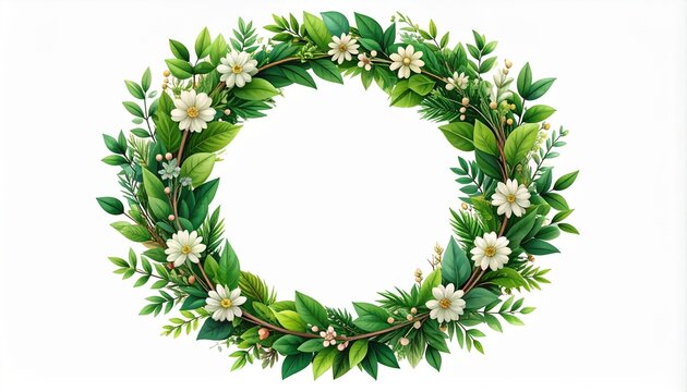 Elegant Botanical Wreath Frame with Lush Green Leaves and White Flowers Isolated on White Background