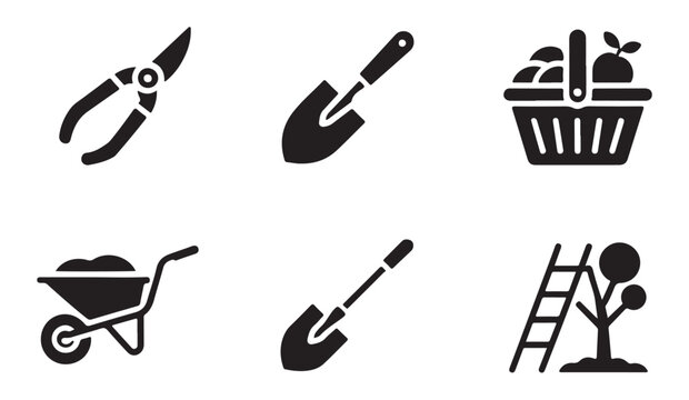 Garden tools set icon collection featuring pruning shears trowel basket and wheelbarrow.
