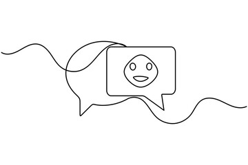 Obraz premium Speech bubbles with happy face line art style. Minimalist drawing of overlapping speech bubbles featuring a smiling face in a continuous line