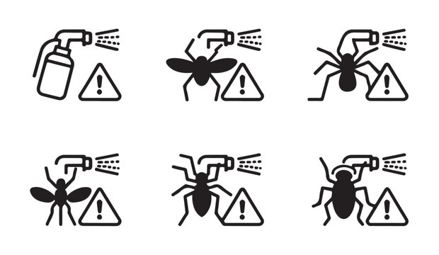 Pest control and insecticide spray icons with insects and warning signs for safety data.