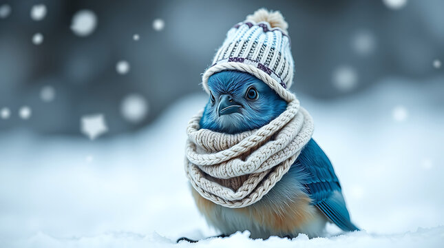 Blue bird wearing a knitted hat and scarf in winter. Small songbird with cozy winter accessories perched in snow. Adorable wildlife in seasonal col...