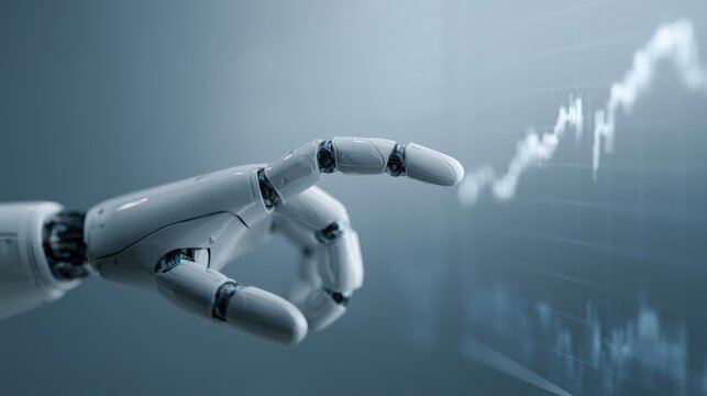 Robotic AI hand interacting with financial analytics dashboard, automation and future banking technology