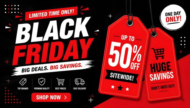 Black Friday sale promotional marketing banner / poster with red tags flat vector illustration.