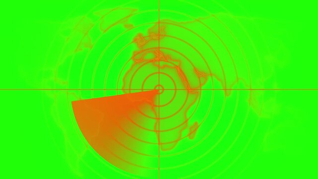 World map radar screen. Radar display showing enemy position. Navigation radar display. 4k animation video 