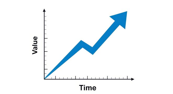 Blue upward trending arrow graph on white background.