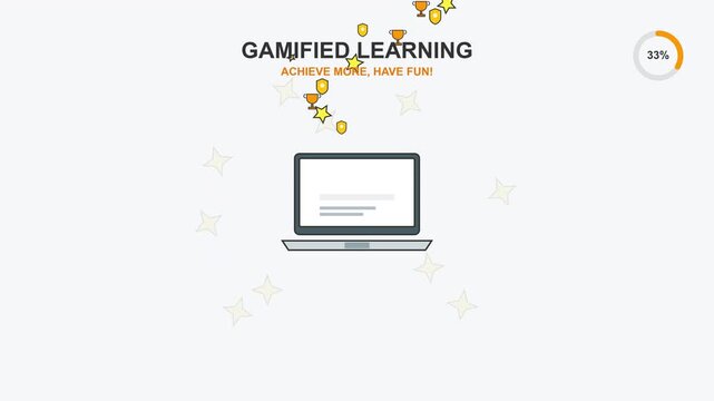 Animated digital gamification interface showing educational progress in a modern classroom setting