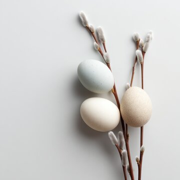 easter eggs with willow branch on white background minimalist spring flat lay