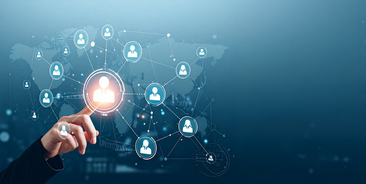 An executive hand interacts with a holographic map visualizing decentralized employee profiles scattered across various international regions.