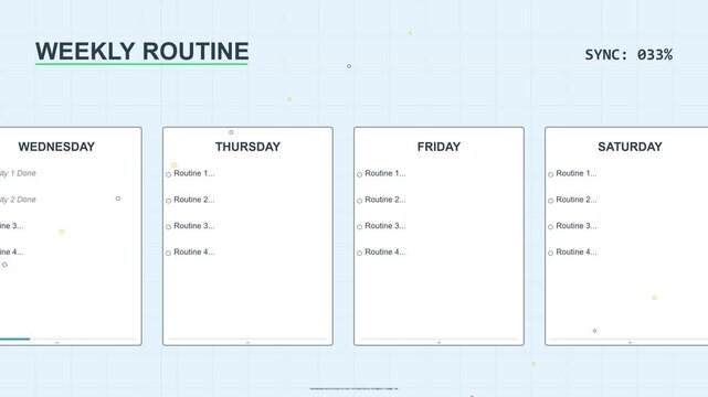 Animated weekly routine dashboard on screen, dynamic motion graphics