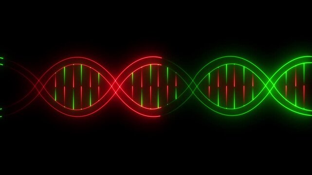 Glowing neon DNA icon animation on black background. DNA icon animation in trendy design for medical. DNA spiral icon and structure, hereditary gene, genetic mutation, healthy