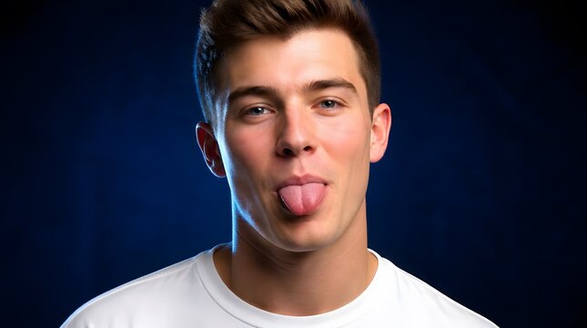 Portrait of a young man making a funny face with his tongue out.