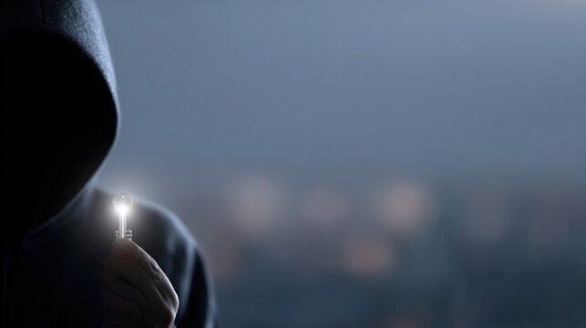 hooded figure holding glowing encryption key symbol against blurred city background