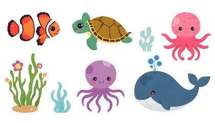 Naklejka premium Cute Flat Vector Ocean Animals Cartoon Illustration Set.