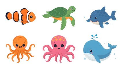 Fototapeta premium Collection of Cute Cartoon Sea Animals Flat Vector Elements.